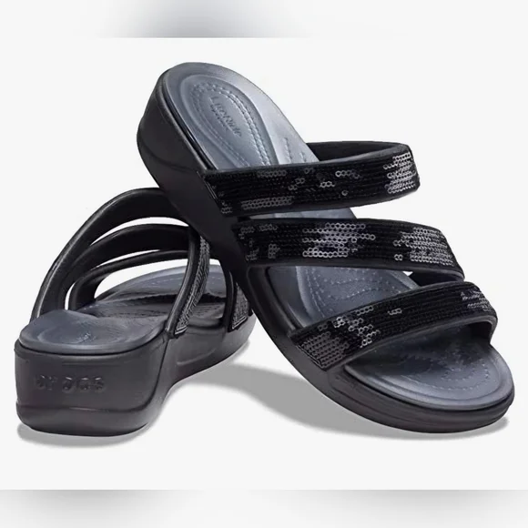 Crocs Women's Boca Sequins Strappy Wedge Sandals, Black Size 8. Brand New - Picture 1 of 10